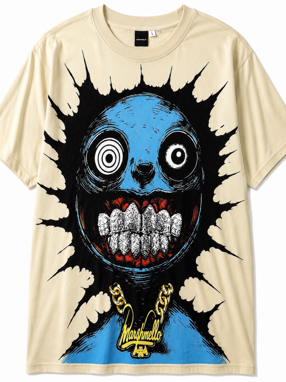 Beige Graphic Short Sleeve Tee with Blue Monster Print
